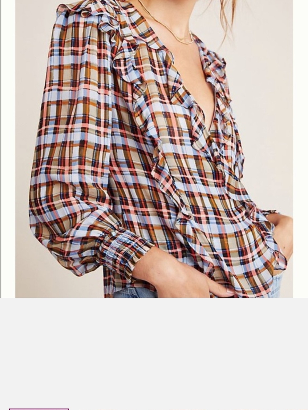 Anthropologie Plaid Ruffle V-Neck Blouse